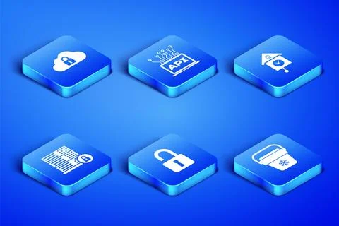 Set Cooler bag, Cloud computing lock, Open padlock, Server security with, C.. 스톡 일러스트