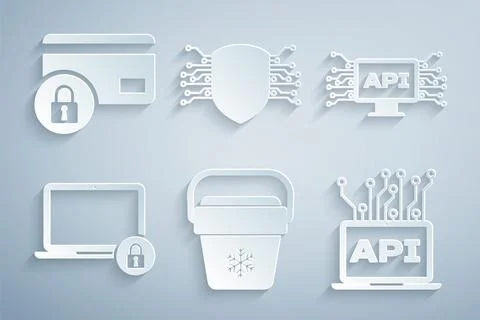 Set Cooler bag, Computer api interface, Laptop and lock, , Cyber security and Stock Illustration