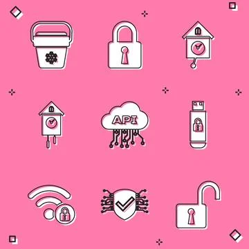 Set Cooler bag, Lock, Retro wall watch, , Cloud api interface and USB flash.. Stock Illustration