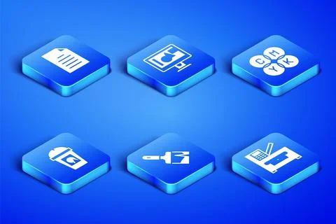 Set Copy machine, File document, Paint brush, Coffee cup to go, Computer monitor 스톡 일러스트