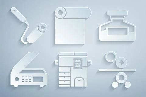 Set Copy machine, Ink bottle, Scanner, Paper roll of printing press, Roll paper Stock Illustration
