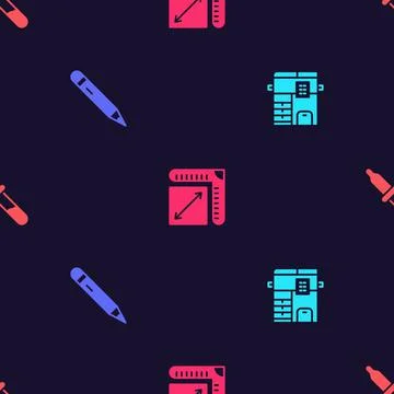 Set Copy machine, Pencil with eraser, Paper size and Pipette on seamless pattern イラスト素材