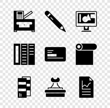 Set Copy machine, Pencil with eraser, Computer monitor screen, Pantone, Sta.. Stock Illustration