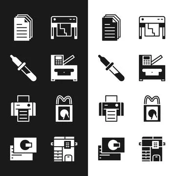 Set Copy machine, Pipette, File document, Plotter, Printer, Paper shopping bag Ilustración de archivo
