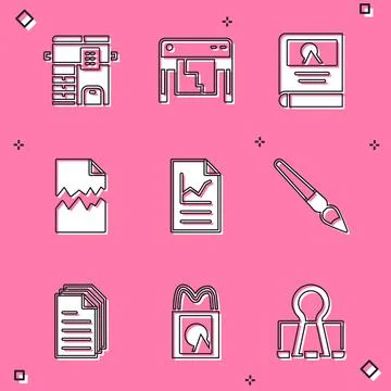 Set Copy machine, Plotter, Photo album gallery, Torn document, Document with Ilustración de archivo