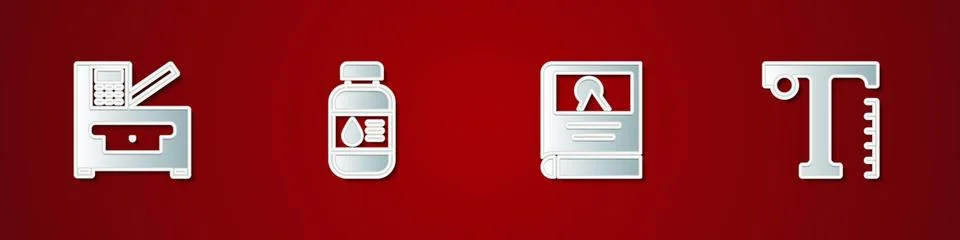 Set Copy machine, Printer ink bottle, Photo album gallery and Text icon. Vector Stock Illustration