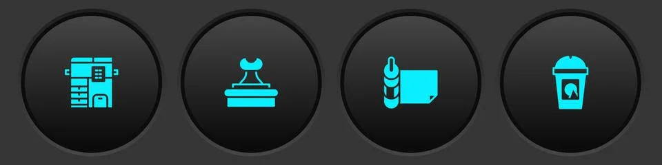 Set Copy machine, Stamp, Roll of paper and Coffee cup to go icon. Vector Illustration