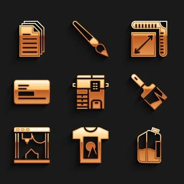 Set Copy machine, T-shirt, Printer ink bottle, Paint brush, 3D printer, Business Stock Illustration