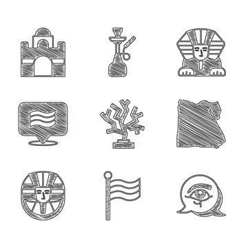 Set Coral, Flag Of Egypt, Eye of Horus, Map, Egyptian pharaoh, Sphinx and h.. Stock Illustration