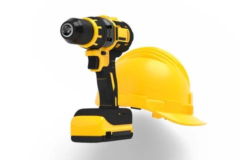 Set of cordless drill or screwdrivers with hard head helmet on white background Stock Illustration