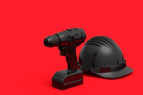 Set of cordless drill or screwdrivers with hard head helmet on red background Illustrazione stock