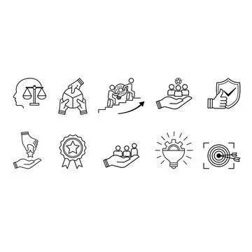 Set of Core Values Icons. Vector Icons Commitment, Innovation, Customers, T.. Stock Illustration