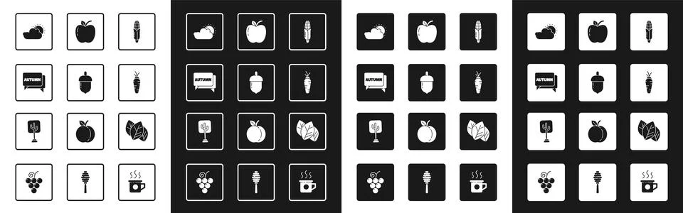 Set Corn, Acorn, Speech bubble with text autumn, Sun and cloud weather, Car.. Illustrazione stock