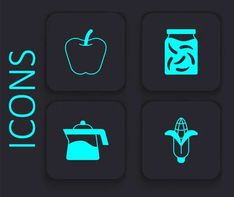 Set Corn, Apple, Pickled cucumbers in a jar and Teapot icon. Black square button Stock Illustration