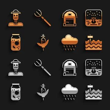 Set Corn, Automatic irrigation sprinklers, Garden bed, Cloud with rain, Jam jar Stock Illustration