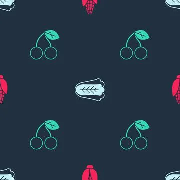 Set Corn, Cabbage and Cherry on seamless pattern. Vector Stock Illustration