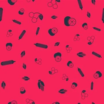 Set Corn, Cherry, Fresh cucumber and Kiwi fruit on seamless pattern. Vector Stock Illustration