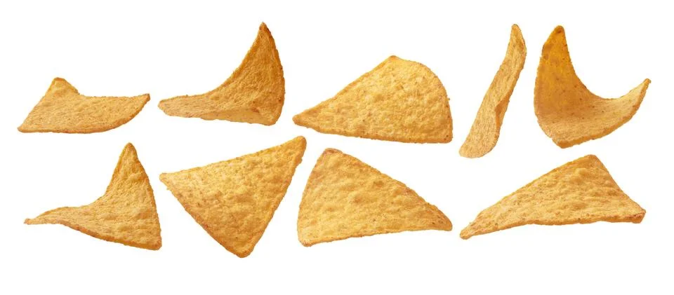 A set of corn chips of triangular shape. Isolated on a white background Stock Photos