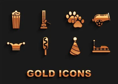 Set Corn dog, Cannon, Bumper car, Party hat, Jester with bells, Paw print, .. Stock Illustration