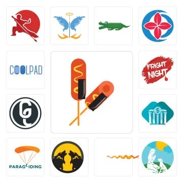 Set of corn dog, dog trainer, rattlesnake, pack wolf, paragliding, all bank,  무료 스톡 일러스트