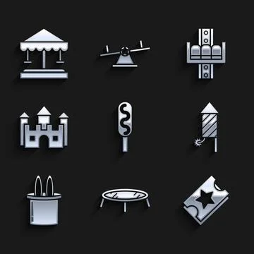 Set Corn dog, Jumping trampoline, Ticket, Firework rocket, Magician hat and Stock Illustration