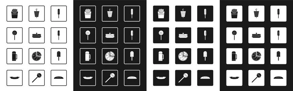 Set Corn dog, Stack of pancakes, Lollipop, Potatoes french fries in box, Frie イラスト素材