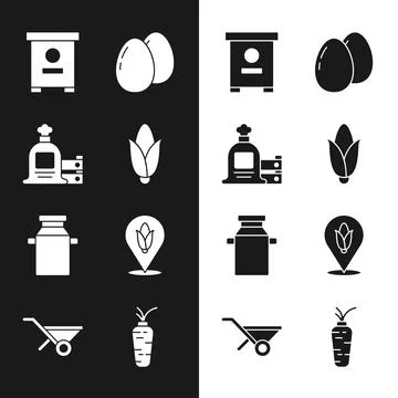 Set Corn, Full sack and wooden box, Hive for bees, Chicken egg, Can contain.. Stock Illustration