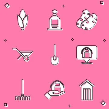 Set Corn, Full sack, Potato, Wheelbarrow, Shovel, Location farm house, Garden Stock Illustration