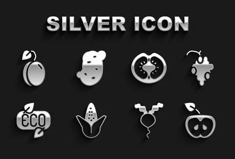 Set Corn, Grape fruit, Apple, Radish, Leaf Eco symbol, Tomato, Plum and Potato Stock Illustration