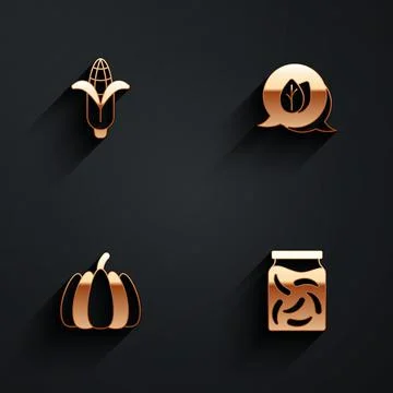 Set Corn, Leaf, Pumpkin and Pickled cucumbers jar icon with long shadow. Vector Stock Illustration