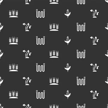 Set Corn, Strawberry bush, Wheat and Garden hose on seamless pattern. Vector Stock Illustration