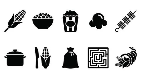 Set of corn vector icons in black glyph style for agriculture design. Stock Illustration