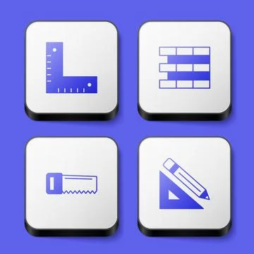 Set Corner ruler, Bricks, Hand saw and Triangular pencil icon. White square Stock Illustration
