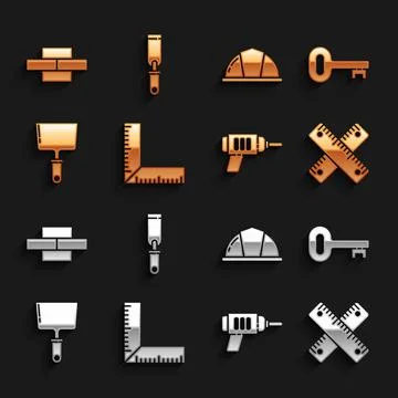 Set Corner ruler, Old key, Crossed, Electric drill machine, Putty knife, Worker Stock Illustration