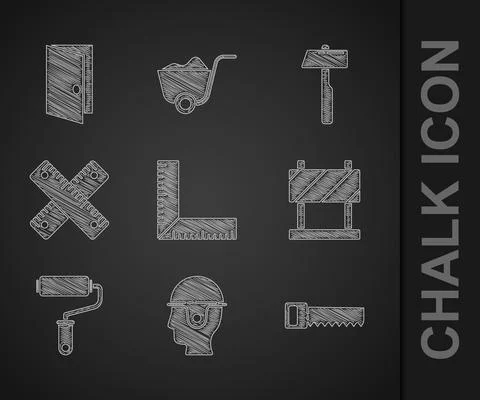 Set Corner ruler, Worker safety helmet, Hand saw, Road barrier, Paint roller Stock Illustration