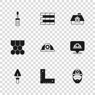 Set Corner ruler, Worker safety helmet, Builder, House, Screwdriver, Bricks.. Stock Illustration