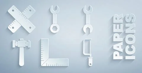 Set Corner ruler, Wrench spanner, Hammer, Hacksaw, and Crossed icon. Vector Stock Illustration