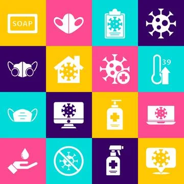 Set Corona virus on location, Virus statistics laptop, High human body temp.. Stock Illustration