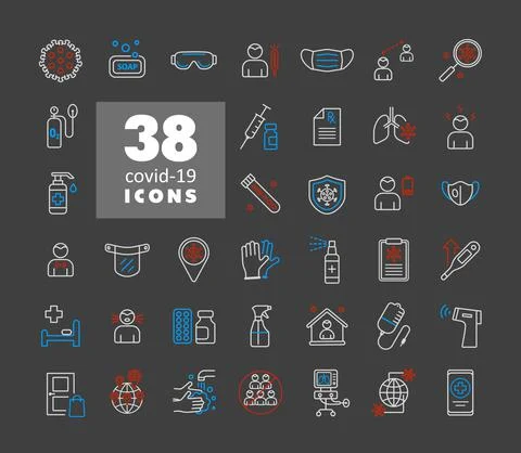 Set corona virus vector icons. Symptoms and protective Stock Illustration