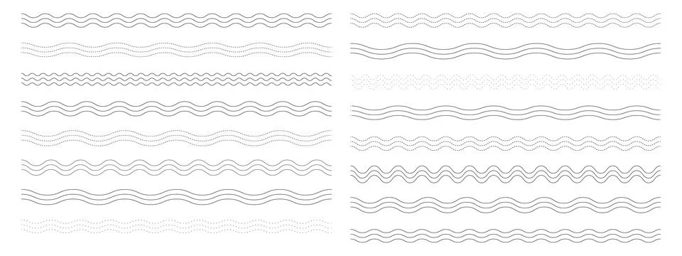 Set of corrugated wave lines. Wavy and dashed line collection on white back.. Stock Illustration