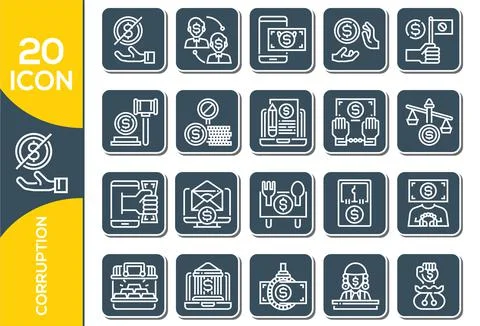 Set of corruption Related Vector Line Icons. Dishonesty icon set in thin line Stock Illustration
