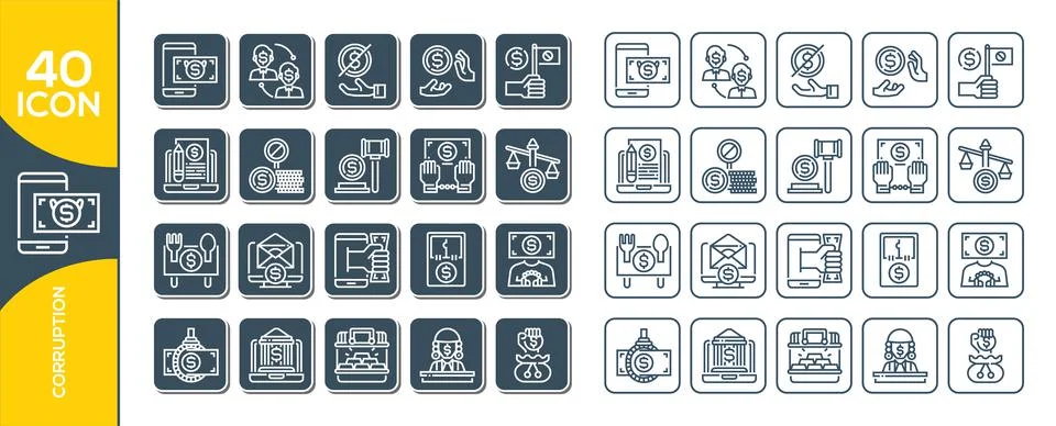 Set of corruption Related Vector Line Icons. Dishonesty icon set in thin line Stock Illustration