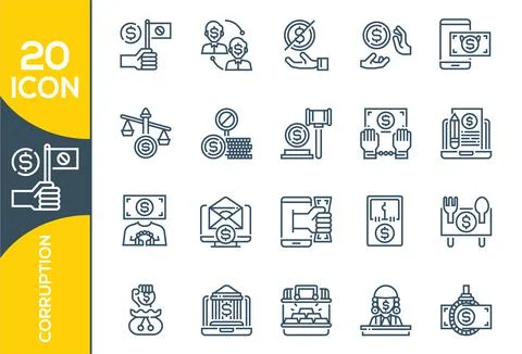 Set of corruption Related Vector Line Icons. Dishonesty icon set in thin line Stock Illustration