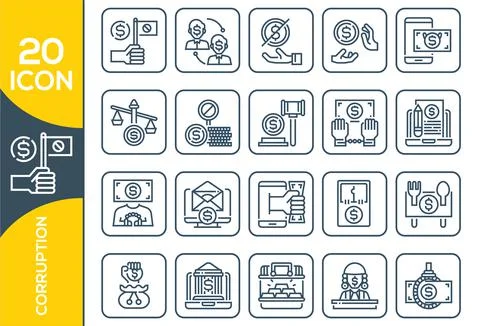 Set of corruption Related Vector Line Icons. Dishonesty icon set in thin line Stock Illustration