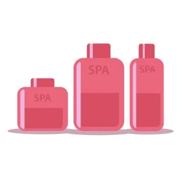 Set of cosmetic bottles in flat style. Soap, shampoo, lotion pink bottles Stock Illustration