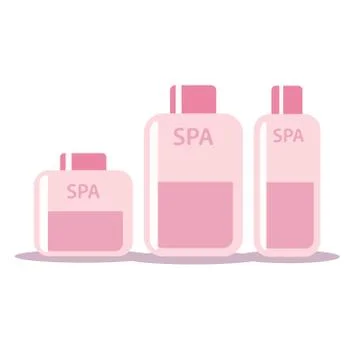 Set of cosmetic bottles in flat style. Soap, shampoo, lotion pink bottles Stock Illustration