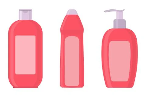 Set of cosmetic bottles in flat style. Soap, shampoo, lotion pink bottles. Ve Stock Illustration