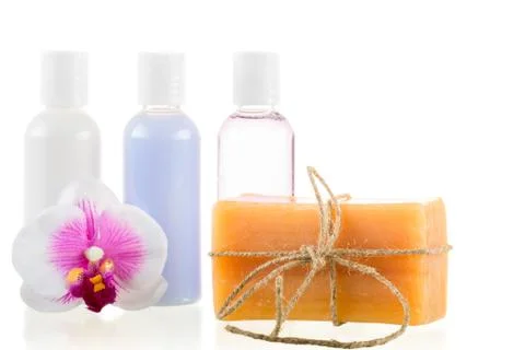 Set of cosmetics and soaps for spa treatments isolated Stock Photos