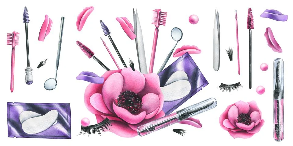 A set of cosmetics and tools for lamination and extension of eyelashes and Stock Illustration