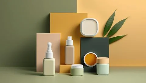 Set of cosmetics, jars and packages for make-up decorated with citrus leaves in Stock Illustration